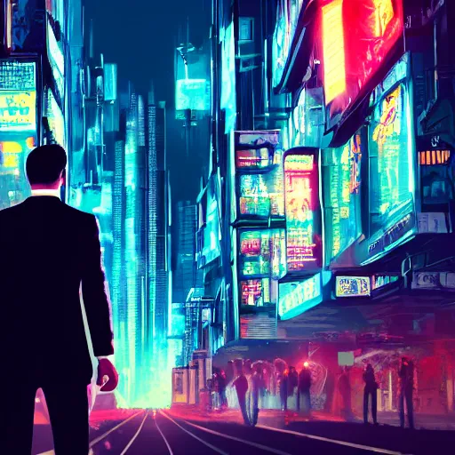 Prompt: a man in a suit walking away from an explosion, cityscape, neon, cyberpunk, bladerunner