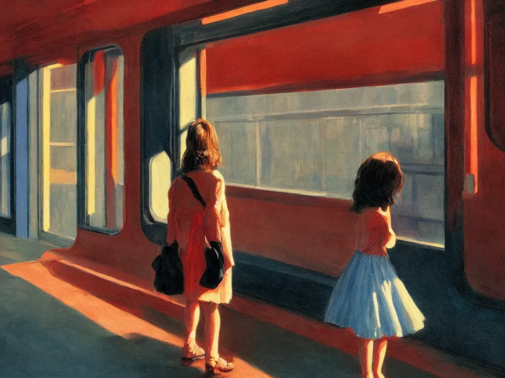 Prompt: lone girl waiting for the train in a half remembered dream, stanley kubrick the shinning, vibrant colors americana, cinematic, volumetric lighting, realistic, detailed, painting in the style of edward hopper