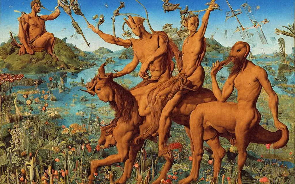 Image similar to a portrait photograph of a meditating satyr and a centaur monk riding a rocket machine and hunting at a river delta. surrounded by bulbous flowers and trees. mountain range under a blue sky of fiery stars. by jan van eyck, max ernst, ernst haeckel, ernst fuchs and artgerm, cgsociety, fashion editorial, 8 k