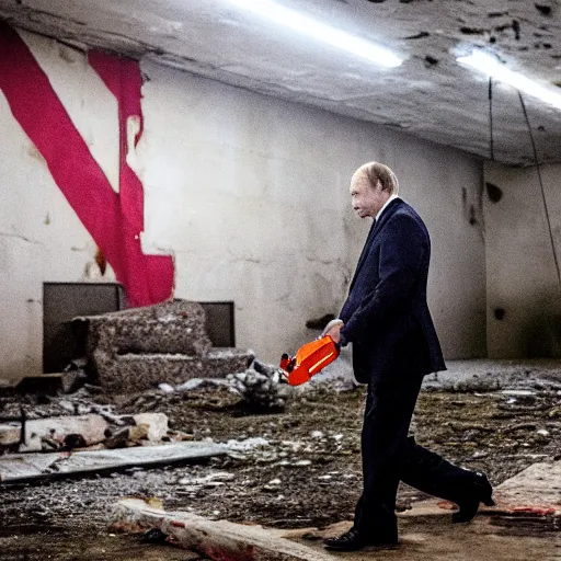 Image similar to putin with a chainsaw. in a concrete bunker with a pile of corpses. focus on putins face with blood splatters. canon eos r 3, f / 1. 4, iso 1 6 0 0, 1 / 8 0 s, 8 k, raw, grainy