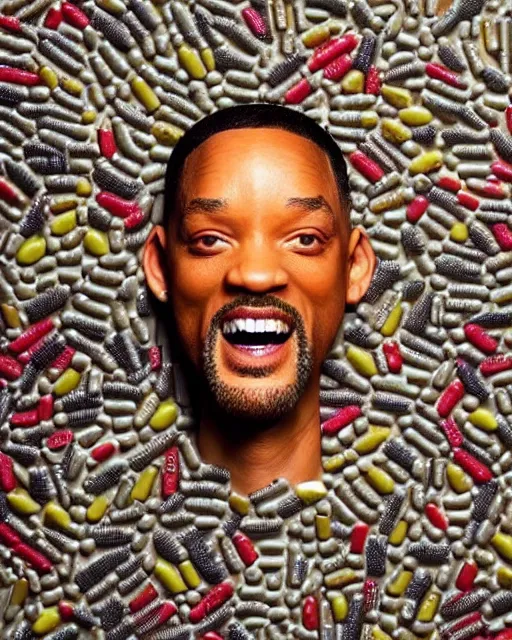 Prompt: will smith made out of pills, human face made out of pills, professional food photography, by giuseppe arcimboldo