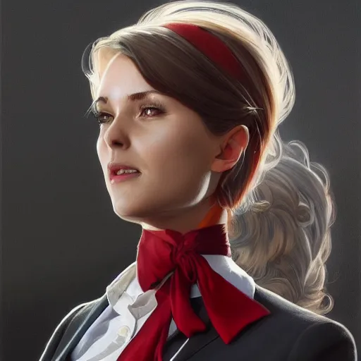 Image similar to a girl wearing a business suit, grey hair, red necktie, cinematic, stunning, highly detailed, digital painting, artstation, smooth, hard focus, illustration, art by artgerm and greg rutkowski and alphonse mucha