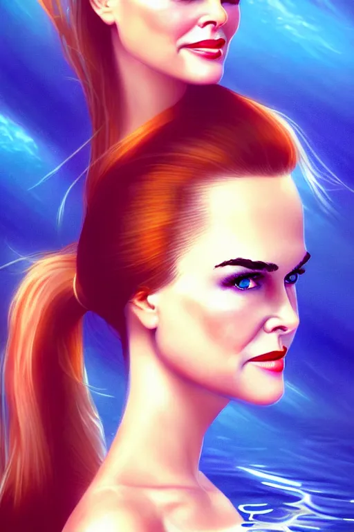 Image similar to mix of beautiful young maria shriver, mariel hemmingway, brooke shields, nicole kidman and elle macpherson as an underwater mermaid, thin lips, hair tied up in a pony tail, dark blonde hair, colorful, artstation, cgsociety