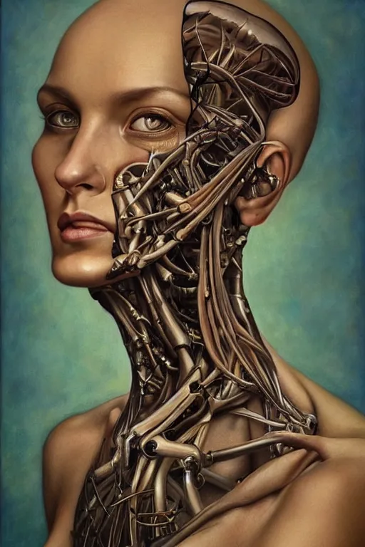 Prompt: beautiful portrait of biomechanical being by marco mazzoni, remnev andrey, detailed, realistic skin color