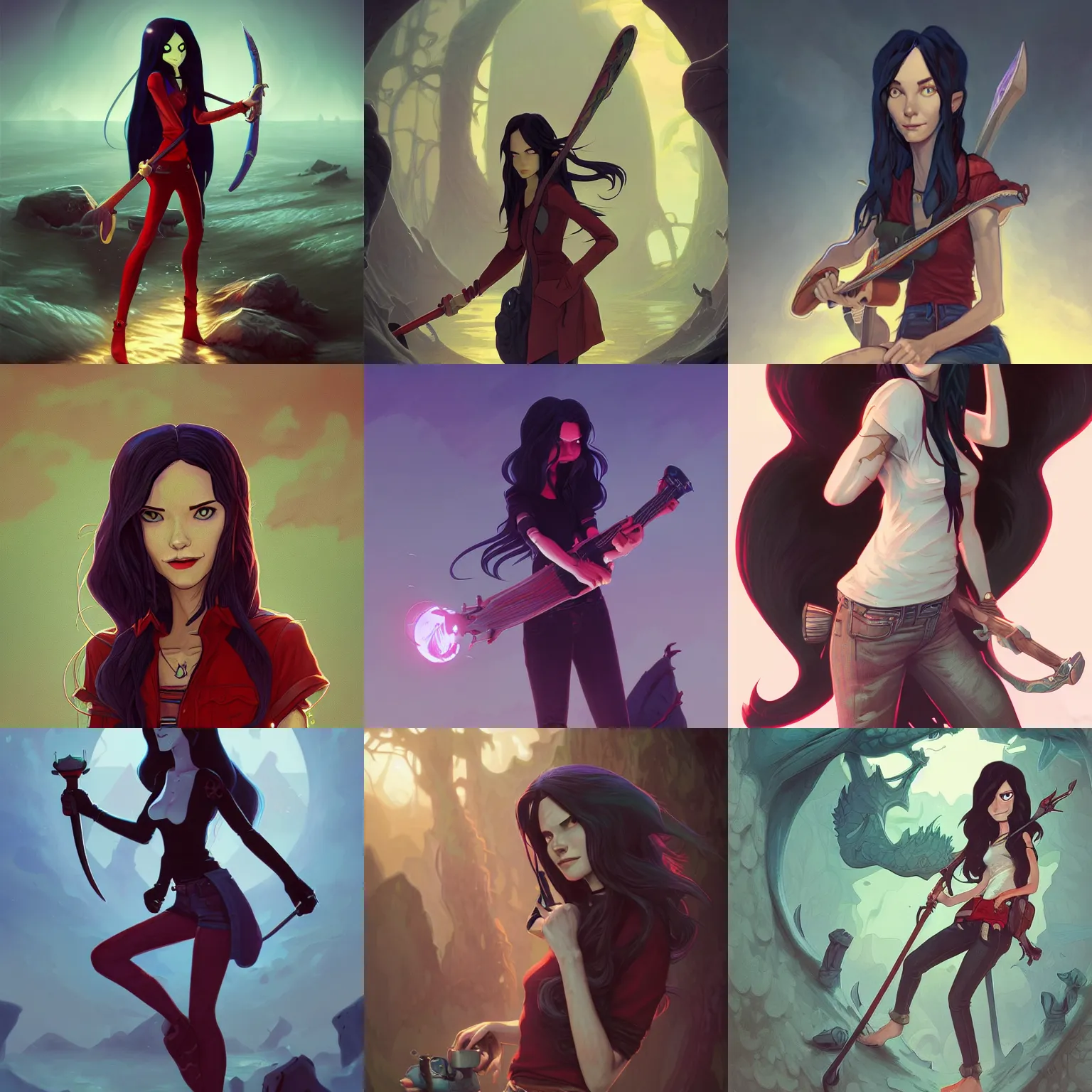 Prompt: Marceline from Adventure Time, Mark Edward Fischbach, intricate, highly detailed, digital painting, artstation, concept art, smooth, sharp focus, illustration, Unreal Engine 5, 8K, art by artgerm and greg rutkowski and alphonse mucha