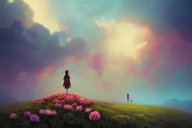 Image similar to giant dahlia flower as a head, girl walking on mountain, surreal photography, stars, dramatic light, impressionist painting, storm clouds, digital painting, artstation, simon stalenhag