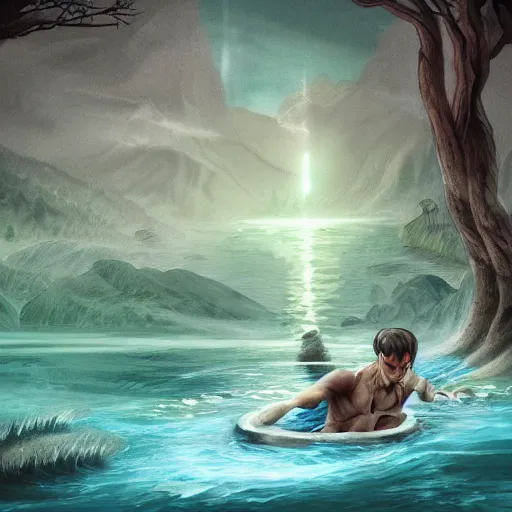 Image similar to handsome frankenstein in the lake, soft shading, fantasy illustration, gentle monster, beautiful monster