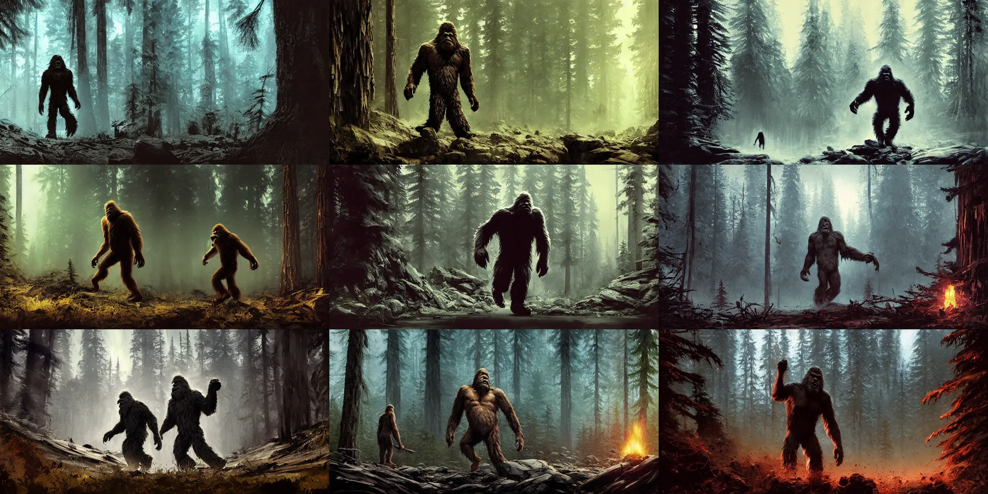 Prompt: angry bigfoot, near a cabin in forest, concept art by greg rutkowski, Craig Mullins, Todd McFarlane, masterpiece, award-winning, cinematic lighting, sharp focus, concept art, vibrant colors, photorealism, terror, hysterical, horrifying, digital art, destruction, the void, ominous, octane render, fear, very detailed, evil, intricate details, high definition, 16k, Artstation,