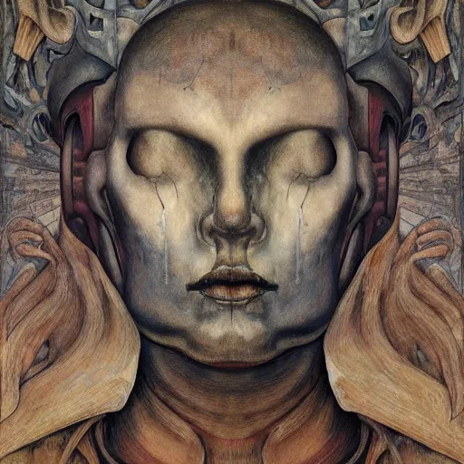 Image similar to weeping robot wearing the bone crown, by Annie Swynnerton and Diego Rivera, symbolist, dramatic lighting, elaborate geometric ornament, Art Brut ,god rays, soft cool colors,smooth, sharp focus, extremely detailed, Evelyn De Morgan and Adolf Wölfli