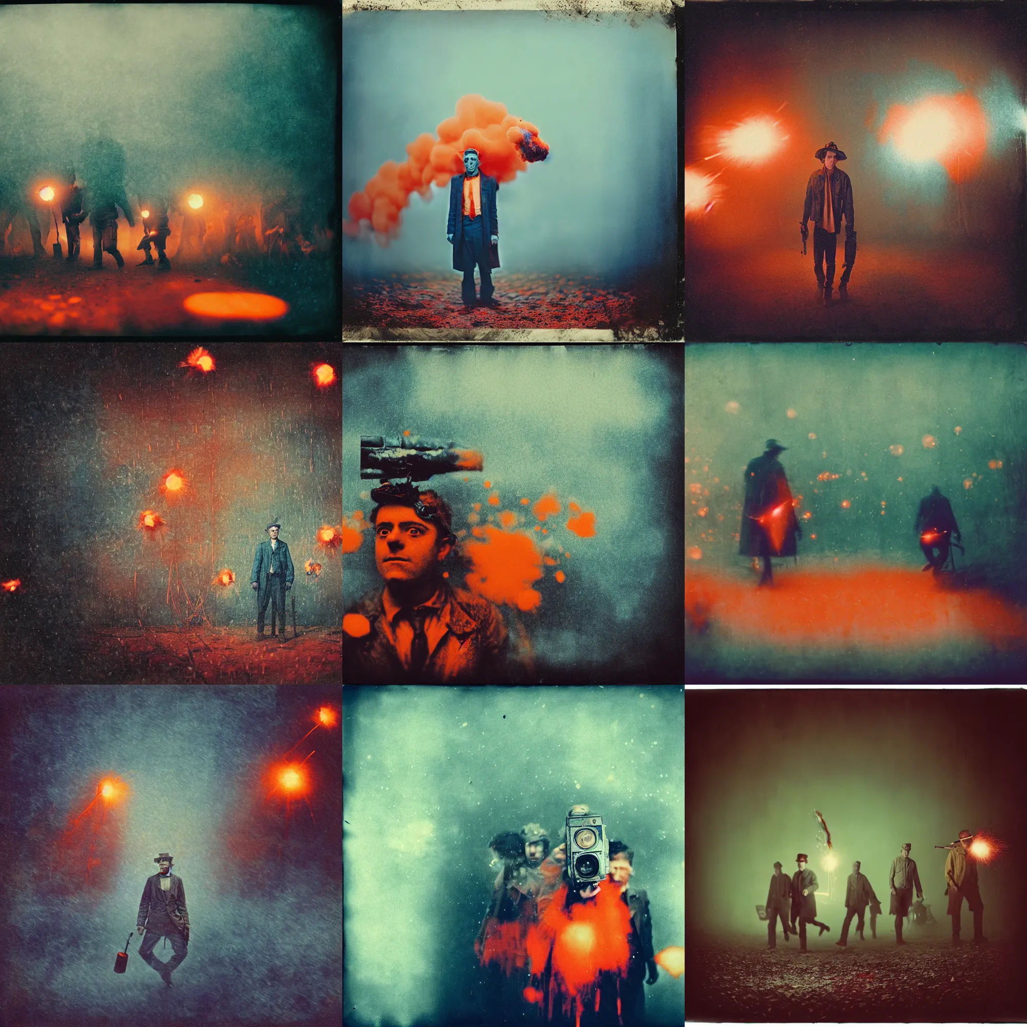 Prompt: kodak portra 4 0 0, wetplate, muted colours, blueberry and orange and teal, the walking dead, 1 9 1 0 s style, motion blur, portrait photo of a backdrop, explosions, rockets, bombs, sparkling, snow, fog, by georges melies and by britt marling