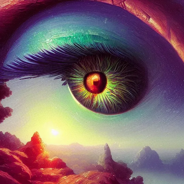 Prompt: a closeup view of the beautiful human eye, iris of the human eye, iris turning into landscapes, fantasy landscape, colorful, sharp and focus, ultra detailed, beautifully lit landscape, astrophotography, in the art style of dan mumford, ivan aivazovsky and marc simonetti