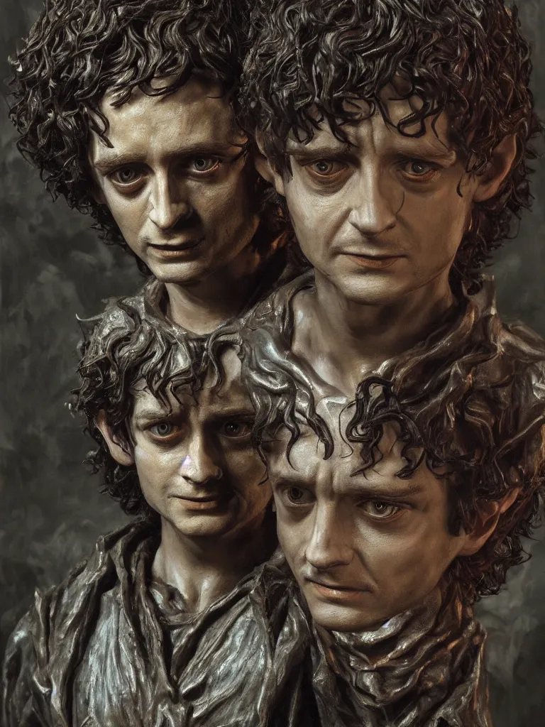 Prompt: tribute sculpture of elijah wood as frodo, epic dark fantasy horror stylized oil painting by ivan shiskin. trending on artstation