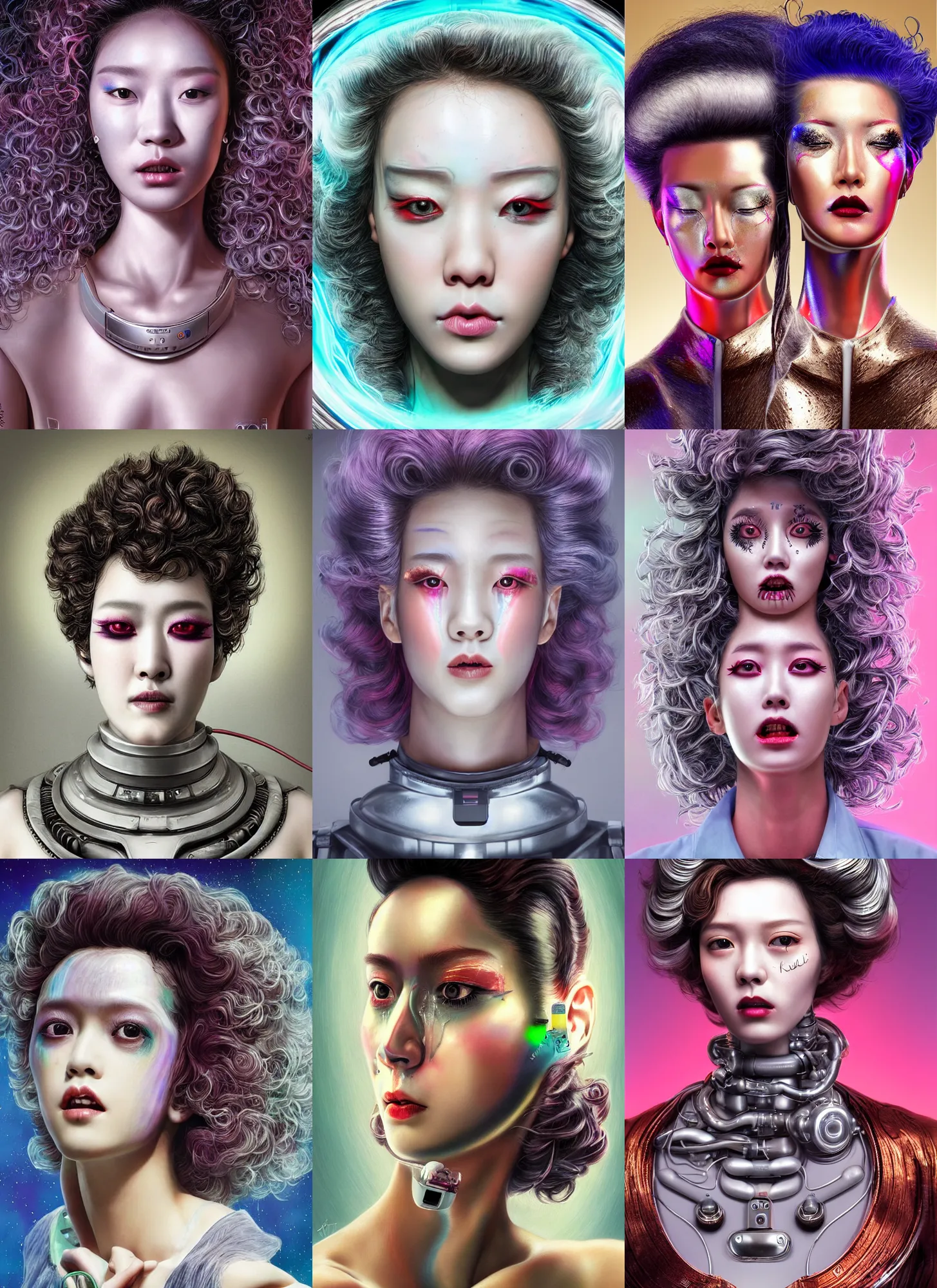 Prompt: korean roccoco android portrait with sci - fi makeup, chromatic skin, silver curly hair, eighties look, retro, beautiful lights, charging plug in the chest, vintage look, crying expression, depth of field, hyper realistic, illustration, airbrush, 8 k, intricate, duo tone, art by david la chapelle and philip castle, artgerm