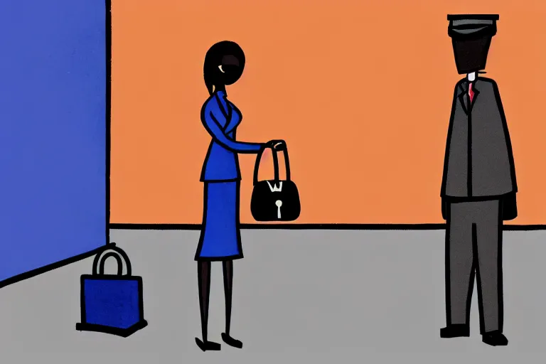 Image similar to tall, security guard checks the bags of a worried looking woman, art, satire