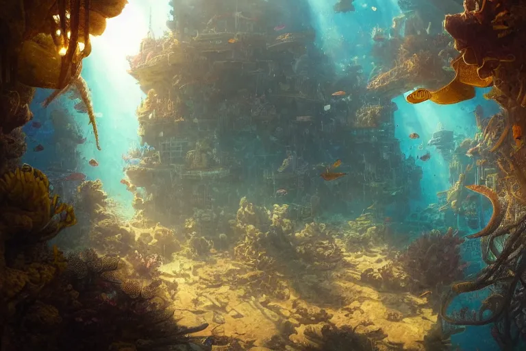 Image similar to a scenic view of the lost and abandoned city of Atlantic under water, ray of sunlight, coral reefs, fish flocks, Greg Rutkowski, Moebius, Mohrbacher, Mucha, blue and gold color scheme, ultra wide angle, light effect