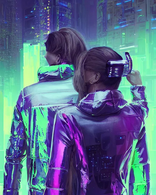 Image similar to detailed portrait neon guard girl with long blond hair and her boy friend very short brown hair, seen from the back, cyberpunk futuristic, reflective puffer jacket, black leggings, made of iridescent metals and shiny purple gems by ismail inceoglu dragan bibin hans thoma, perfect face, fine details, realistic shaded, fine - face, pretty face