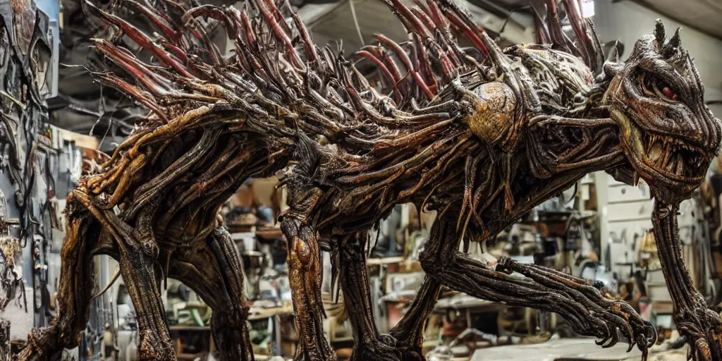 Image similar to photo taken of an epic intricate, ultra detailed, super realistic gritty, hero prop, exquisitely painted animatronic movie prop of a grotesque nightmarish hellish alien creature displayed in the workshop, created by weta workshop, full body shot, photorealistic, sharp focus