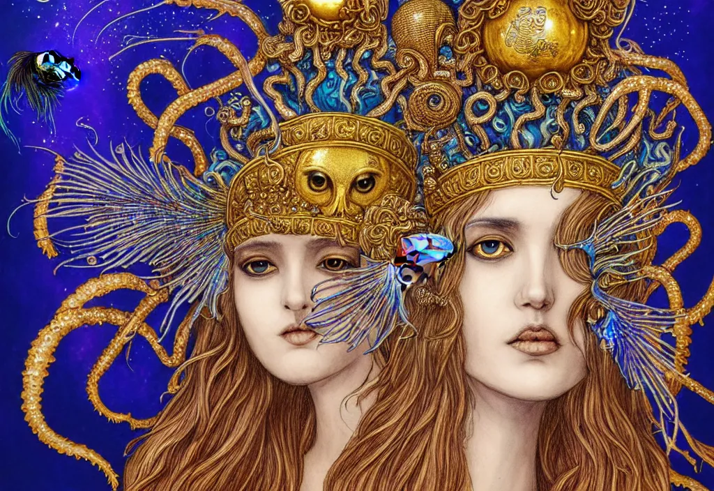 Image similar to isis goddess macro close - up portrait with extremely detailed crown made of ram skull dripping gold + betta fish + jellyfish, in the style of james jean, bioluminiscent, plasma, wind, creature