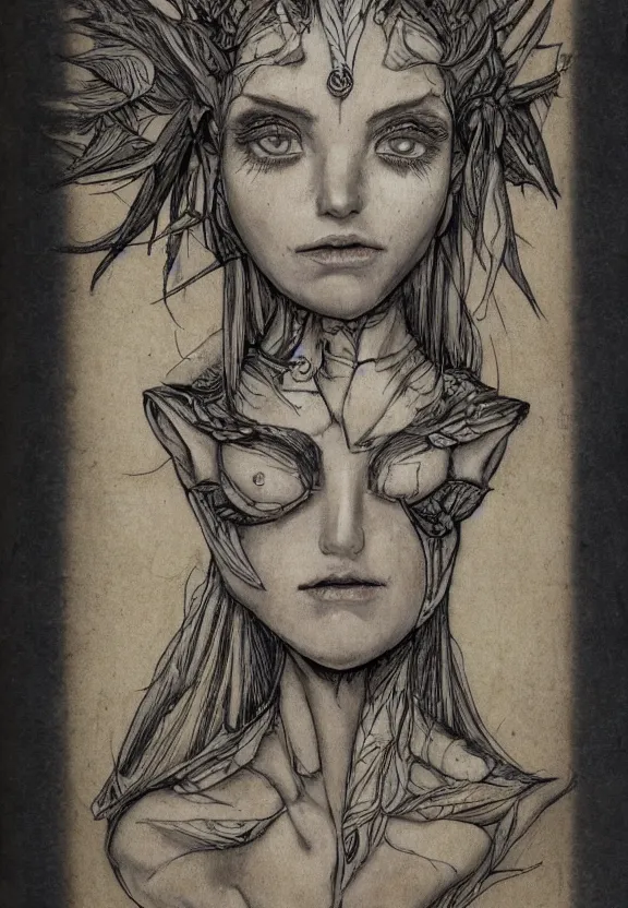 Prompt: fantasy, symmetrical beautiful human face, female humanoid creature, vascularity, plant armour, intricate shell head piece, large forehead, button nose, full lips, muscular, large cute anime eyes, stylised, torso and head, bust, diagram, sketchbook, greys anatomy book, sketches, on old distressed parchment paper, watercolour, by brian froud