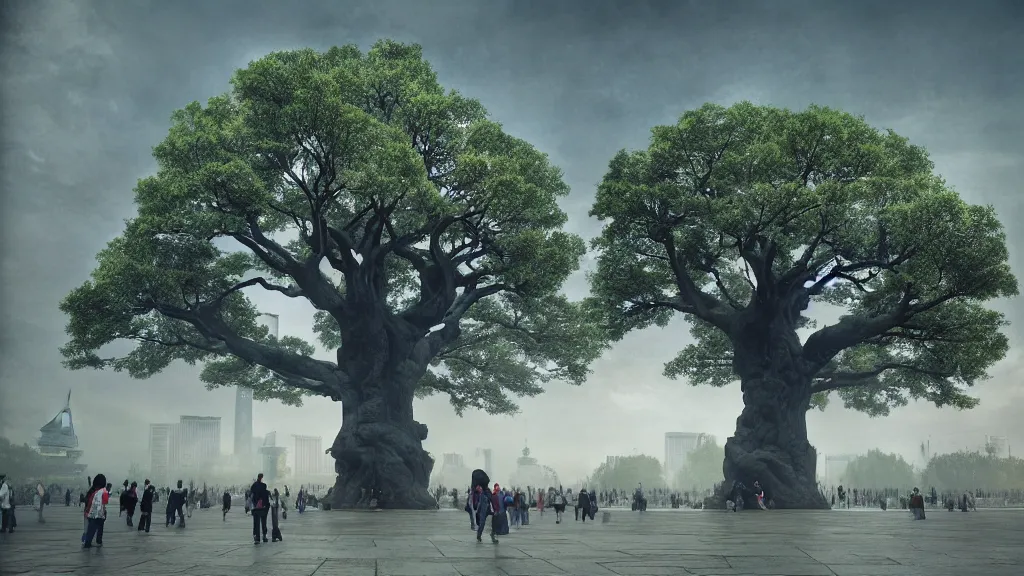 Image similar to the great elven tree growing in the middle of tiananmen square, beijing. andreas achenbach, artgerm, mikko lagerstedt, zack snyder, tokujin yoshioka