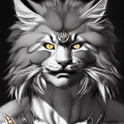Prompt: portrait of a very cute fursona maine coon barbarian, muscular, wild, d & d, fantasy, intricate, full - length, cinematic lighting, highly detailed, digital painting, artstation, concept art, smooth, sharp focus, illustration, art by hajime sorayama