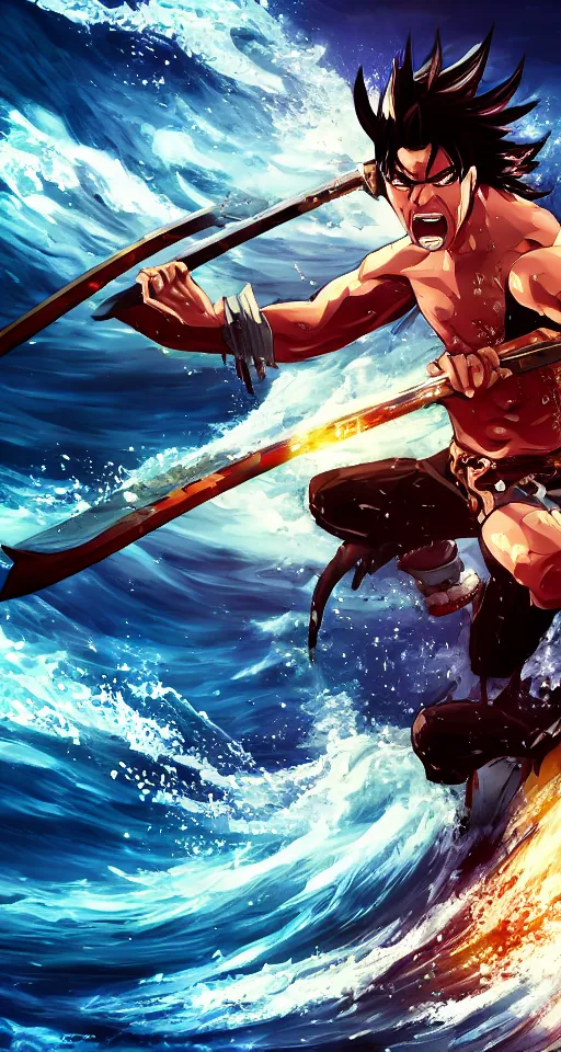 Image similar to man, warrior with katana of water wave, full body, water fists of fury, crazy hate face, jumping leaping heroic attack, action scene, kimi no yiba, anime style, ultra detailed, 4 k