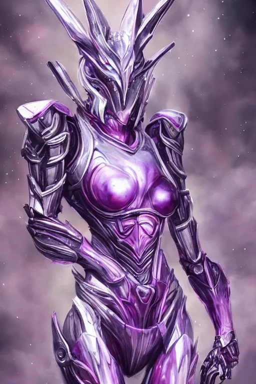 Image similar to bust shot, hyperdetailed realistic elegant beautiful stunning giant robot mecha hot female goddess dragon, sharp spines, sharp metal ears, smooth purple eyes, smooth fuschia skin, smooth silver armor, nebula size, space, epic proportions, epic scale, macro giantess, warframe, destiny, furry, dragon art, goddess art, giantess art, furaffinity, octane