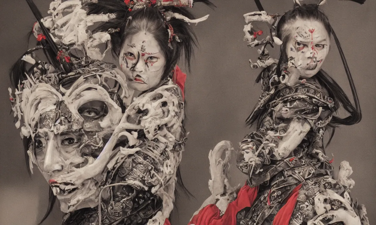 Image similar to Hyperrealist portrait of a vivacious samurai woman with face paint and armor made of bone