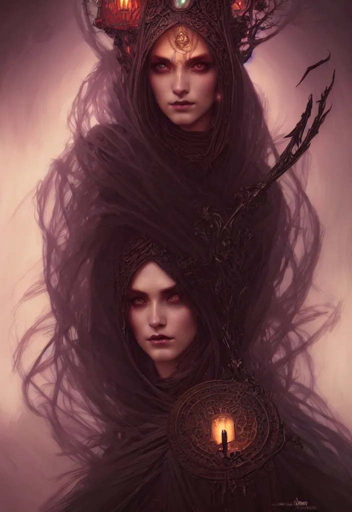 Image similar to Necromancer Sorceress, filled background around face, fantasy magic, undercut hairstyle, dark light night, intricate, elegant, sharp focus, illustration, highly detailed, digital painting, concept art, matte, art by WLOP and Artgerm and Greg Rutkowski and Alphonse Mucha, masterpiece