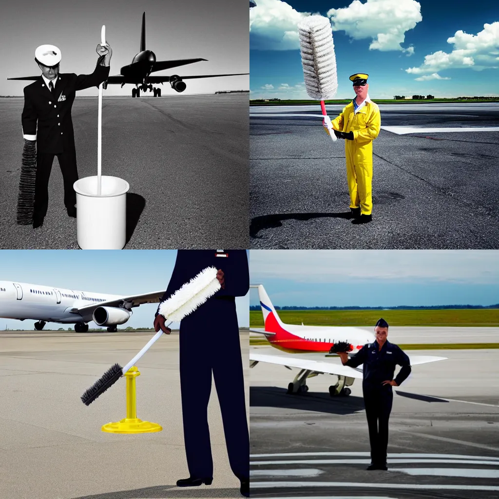 Prompt: « Airline pilot holding a toilet brush vertically on an airport tarmac with a plane in the background »