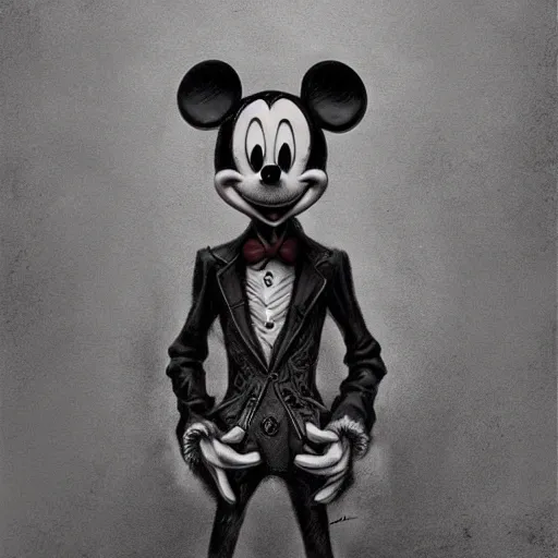 Image similar to michael karcz grunge drawing of mickey mouse. , in the style of corpse bride, loony toons style, horror themed, detailed, elegant, intricate, trending on artstation, 4k