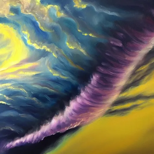 Image similar to a detailed oil painting of a purple tornado descending from the clouds in the ocean. the color of the tornado is purple, and its really realistic