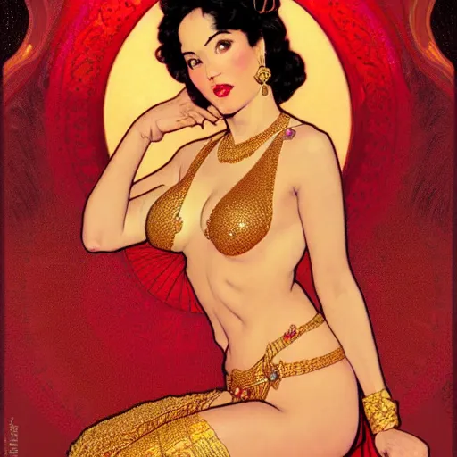 Prompt: portrait of a cute dejah thoris wearing a intricate gold dress, wide eyes, open mouth, pin - up, south asian, fantasy, jewelry, digital painting, artstation, red desert background, wallpaper, smooth, illustration, art by norman rockwell, alphonse mucha, adam hughes, jason lan