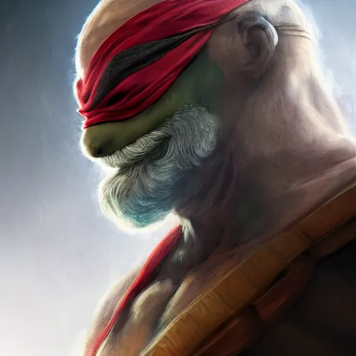 Image similar to teenage mutant ninja turtle, michelangelo, old, white beard, wrinkles, handsome, portrait, profile, intricate, detailed, volumetric lighting, scenery, digital painting, highly detailed, artstation, sharp focus, illustration, concept art, ruan jia, steve mccurry