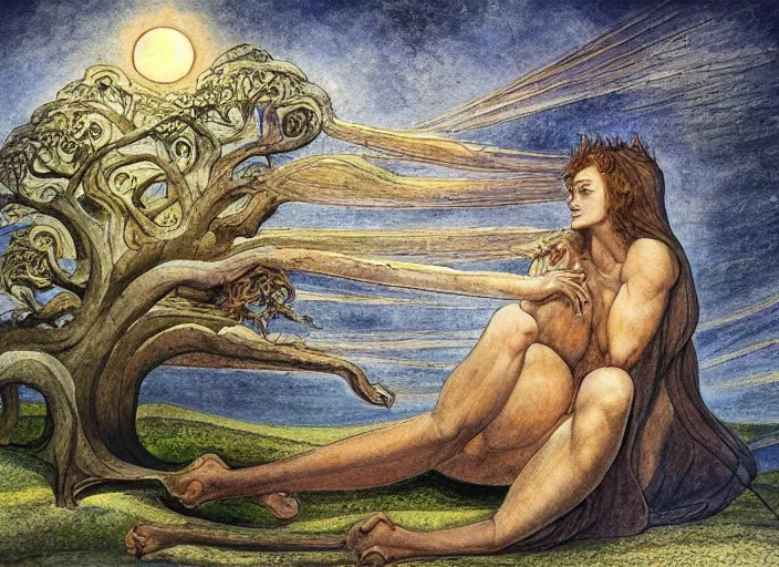 Image similar to most beautiful tree lance seeker of wisdom gentile in the style of william blake, terese nielsen, detailed, intricate, steve argyle, most beatiful faces, cinematic, dramatic lighting, 8 k resolution, pastoral fantastic reality