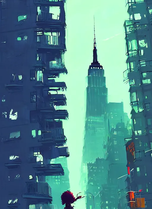 Prompt: kaiju in new york, blue building in the background, art by ismail inceoglu