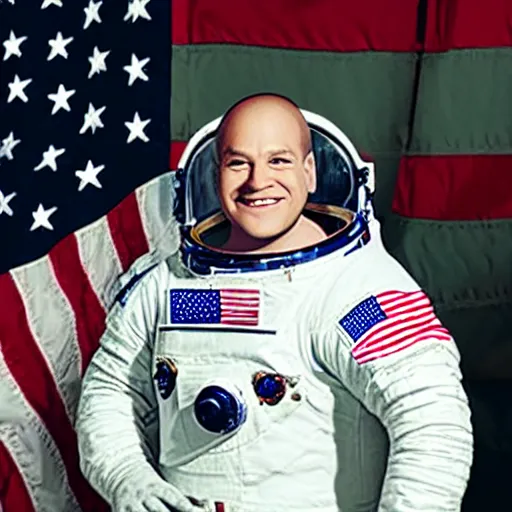 Image similar to astronaut photo of shrek in space suit holding helmet, American flag in background, photorealistic, portrait