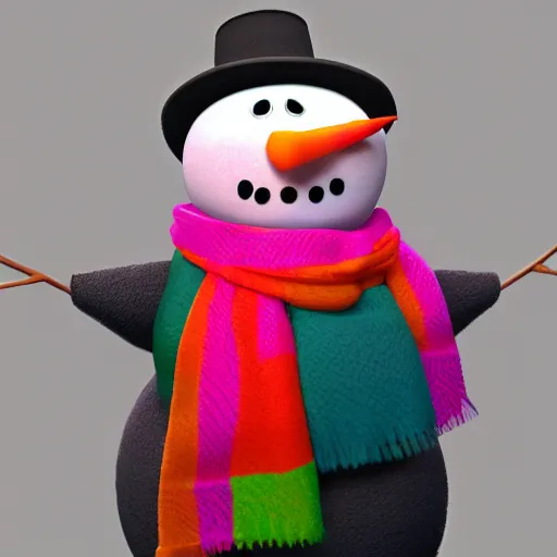 Prompt: nine detailed fun render of a extremely festive snowman sponge with pink scarf, yellow scarf, white scarf, purple scarf, green scarf, red scarf, orange scarf