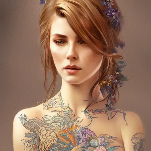 Image similar to ultra realistic illustration, a hot and beautiful tattooed blonde slavic woman in her 3 0's, intricate, elegant, highly detailed, digital painting, artstation, concept art, smooth, sharp focus, illustration, art by artgerm and greg rutkowski and alphonse mucha