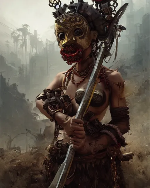 Image similar to hyper realistic portrait of postapocalyptic indonesian death cult monk cyborg girl with indonesian demon mask, sword and shield, beads, gears, machineparts, cinematic, artstation, cgsociety, greg rutkowski, james gurney, mignola, craig mullins, brom