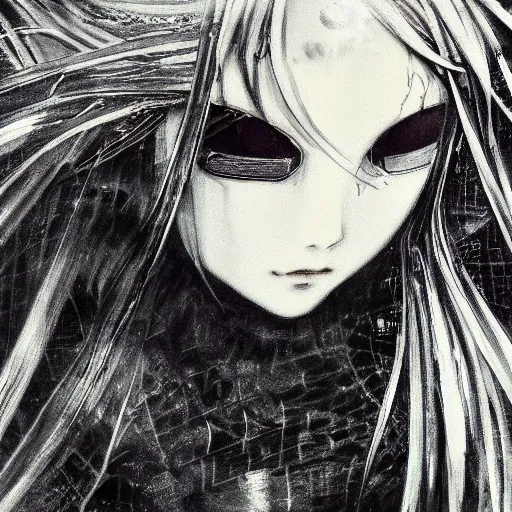 Image similar to Yoshitaka Amano blurred and dreamy illustration of an anime girl with pirate eye patch, wavy white hair and cracks on her face wearing Elden ring armour with the cape fluttering in the wind, abstract black and white patterns on the background, noisy film grain effect, highly detailed, Renaissance oil painting, weird portrait angle