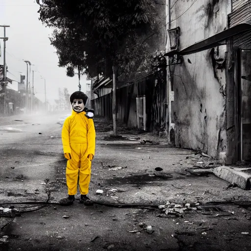 Prompt: a photo of a boy wearing a hazmat suit, riding a bike, side-view, smoke in the background, filthy streets, broken cars. Vines growing. Jpeg artifacts. Full-color photo. Color color color color color. Award-winning photo. Samyang/Rokinon Xeen 50mm T1.5