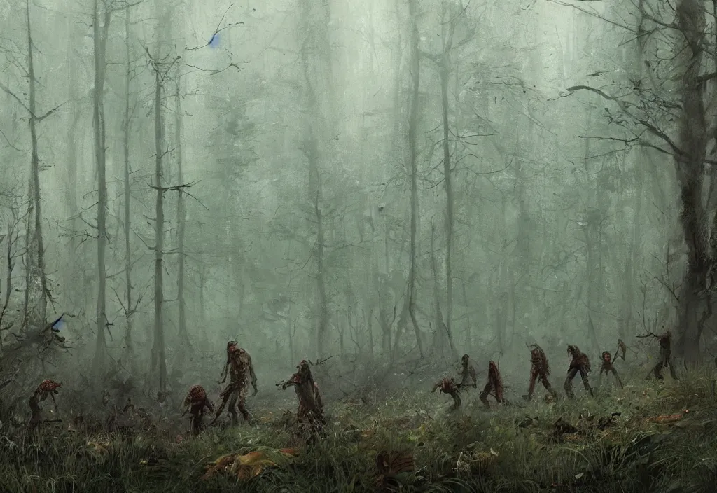 Prompt: zombies in a dense forest, artstation, jakub rozalski, high detail, dramatic lighting, night, rain