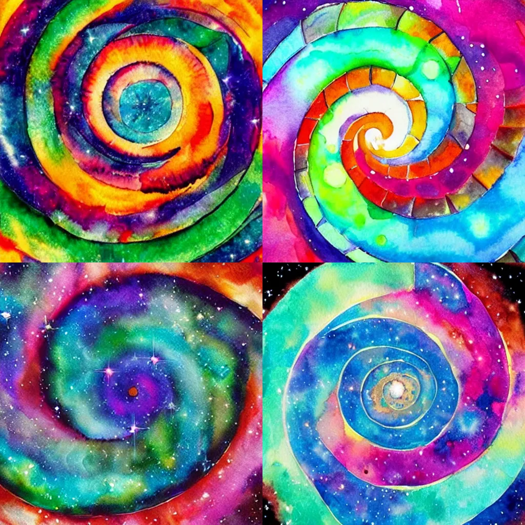 Prompt: a spiral nebula, colorful, watercolor, bright colors