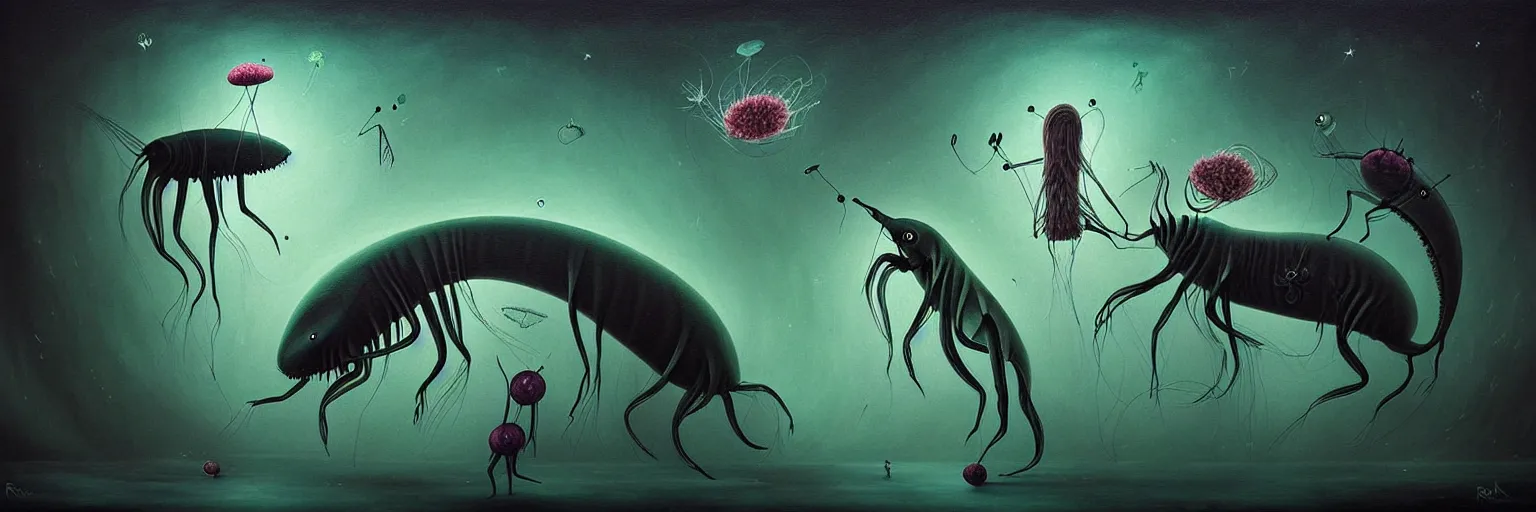 Image similar to whimsical surreal wild plankton creatures, surreal dark uncanny painting by ronny khalil