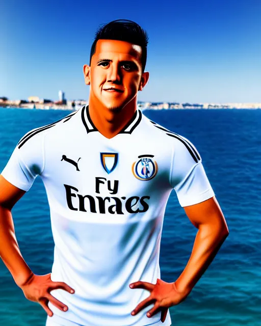 Image similar to portrait Anime Alexis Sanchez; white football shirt, Marseille beach in background || cute-fine-face, pretty face, realistic shaded Perfect face, fine details. Anime. realistic shaded lighting
