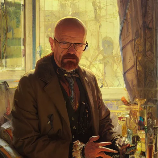 Prompt: highly detailed portrait of a wealthy walter white, art by donato giancola, eugene delacroix, ruan jia, carl larsson, peter mohrbacher. trending on artstation, intricate details, energetic composition, fantasy, concept art, illustration, elegant art, global illuminaition