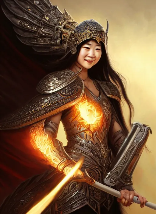 Image similar to Close-up portrait of smiling young asian woman wearing a black armor with skulls and a winged helmet and, holding a magic staff, portrait, fireball, highly detailed, digital painting, artstation, concept art, sharp focus, illustration, art by artgerm and greg rutkowski and alphonse mucha