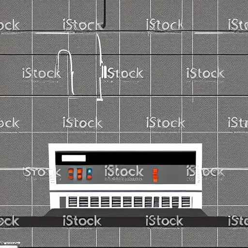 Prompt: cash register in front of a wall of electrical supplies vector art