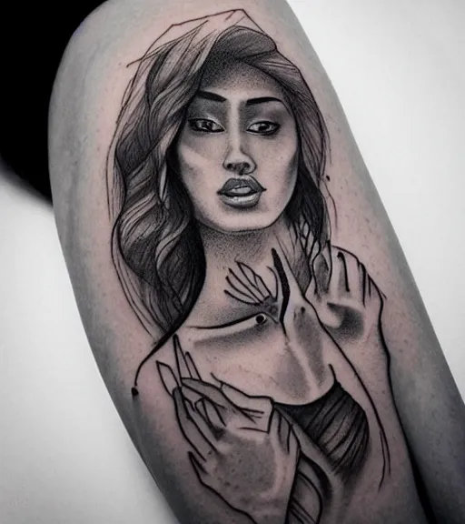 Image similar to a beautiful woman face next to mighty mountains, tattoo design sketch, amazing blend effect, hyper - realistic, in the style of matteo pasqualin, amazing detail, black and white